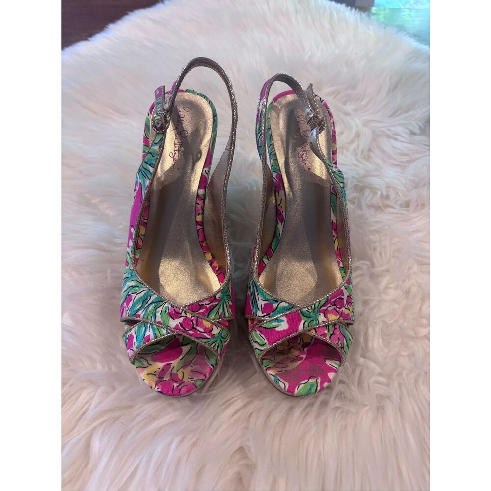 Lilly Pulitzer Pink & Green Floral Slingback Wedge Sandals - Picture 2 of 8